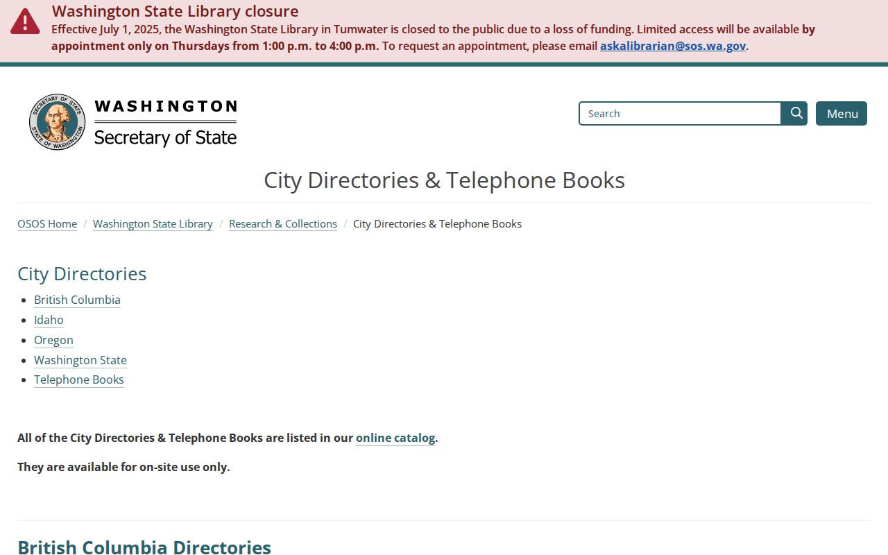 Washington State Library city and telephone directory catalog listing Camas within Vancouver directories